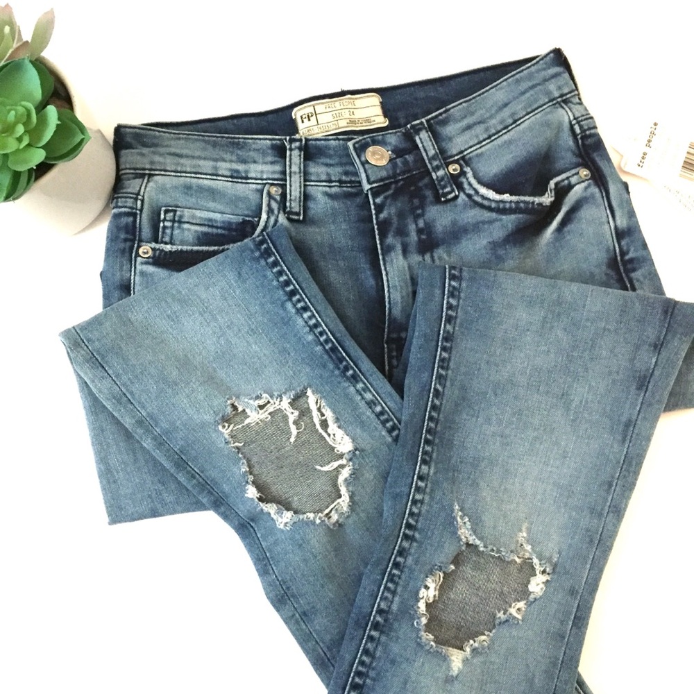 Free People High Rise Skinny Busted Knee Jeans